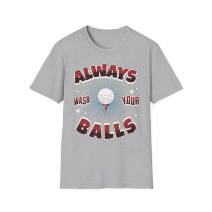 Always Wash Your Balls golf tee – funny vintage golf humor sports graphic T-shirt in Sport Gray