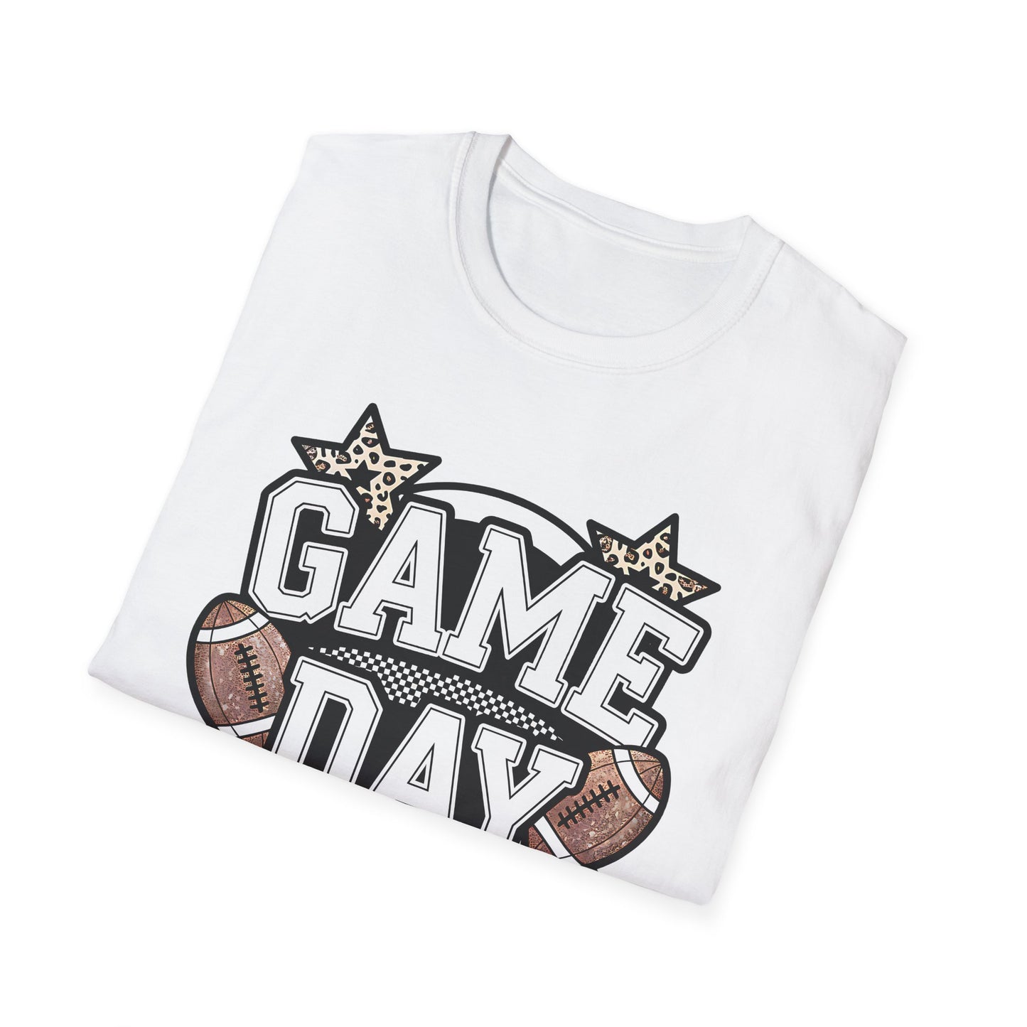 Game Day Glitter Football T-Shirt – Leopard Star & Checkerboard Design for Sports Fans