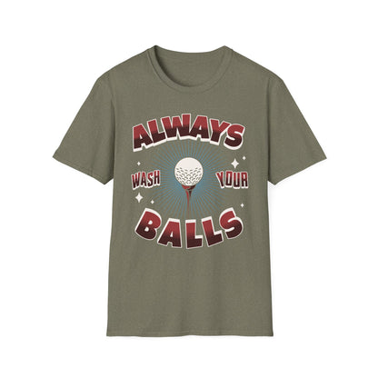Always Wash Your Balls golf tee – funny vintage golf humor sports graphic T-shirt in Heather Military Green