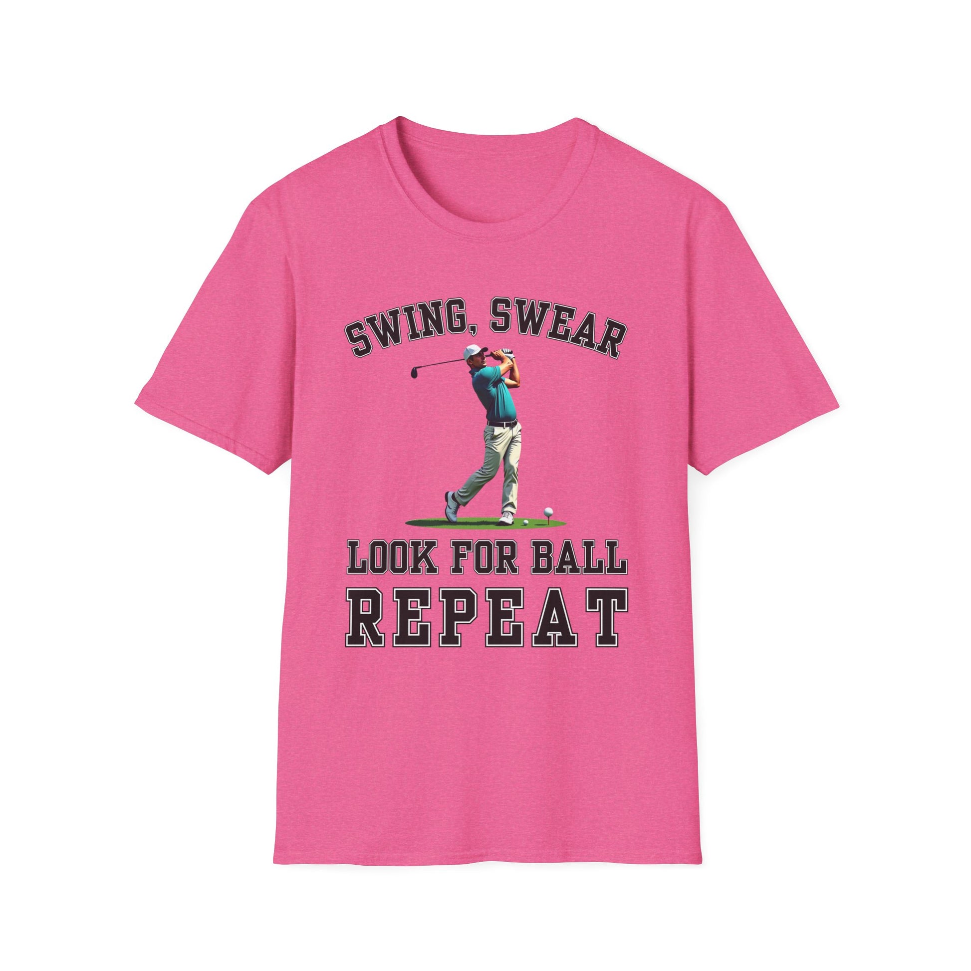 Swing Swear Look For Ball Repeat Golf Tee – funny golf humor sports t-shirt in Heather Heliconia
