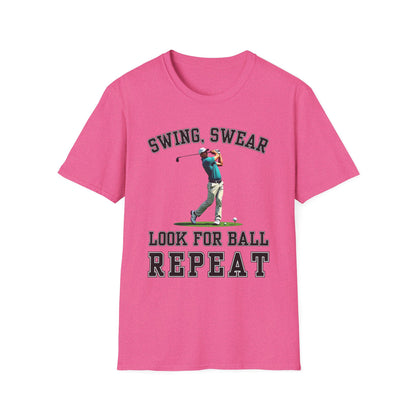 Swing Swear Look For Ball Repeat Golf Tee – funny golf humor sports t-shirt in Heather Heliconia