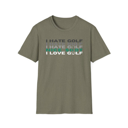  Hate Golf Nice Shot I Love Golf Tee – funny golf humor sports graphic T‑shirt in Heather Military Green