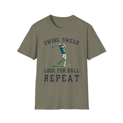 Swing Swear Look For Ball Repeat Golf Tee – funny golf humor sports t-shirt in Heather Military Green