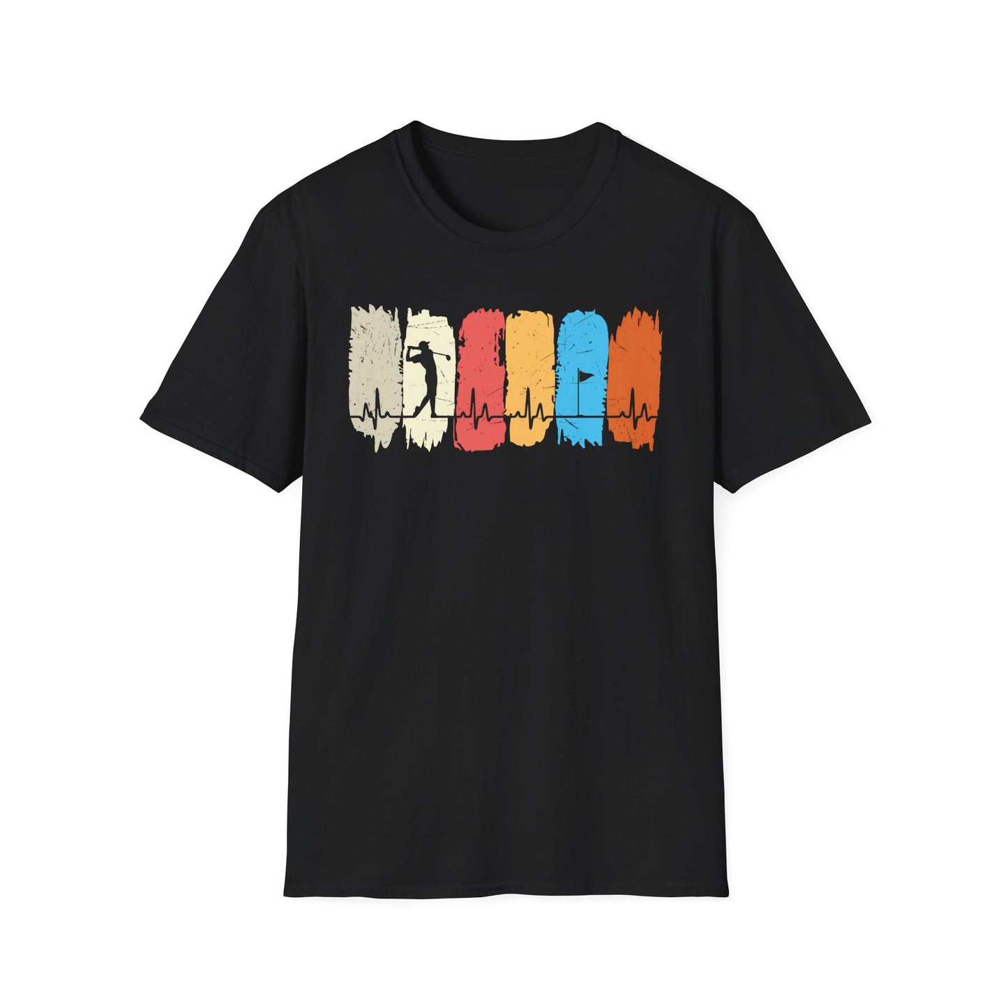 Golfer Heartbeat Retro Sports Tee – Golf graphic t-shirt with ECG heart line Black